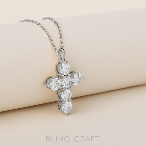 Ciondolo croce moissanite vera placcato oro 14 kt 2 ct con catena 18" argento - Foto 9 di 18