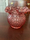 VTG MCM Fenton Cranberry Hobnail Ruffled Edge Glass Rose Bowl/Vase, 5.5" X 5.5"