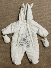Baby White 0-3m Snowsuit Pram Suit Bear Ears Hood Fleece Lined Zip Winter VGC 