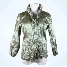 Chicos Jacket Size 2 Large Silver Sage Metallic Crinkle Funnel Neck Button Front