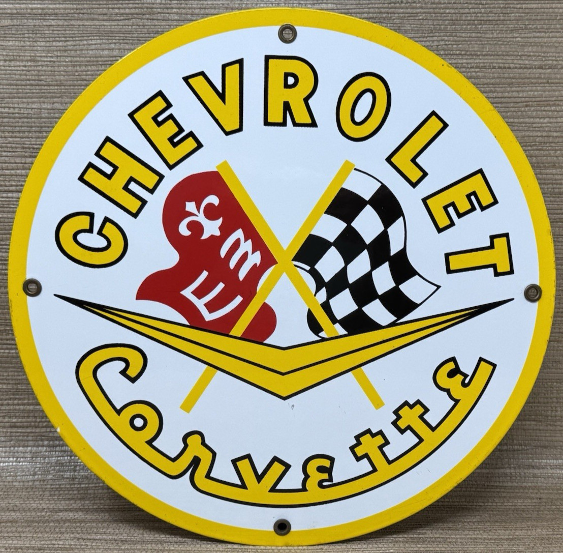 VINTAGE CHEVROLET CORVETTE PORCELAIN SIGN GENERAL MOTORS DEALERSHIP GAS OIL FORD