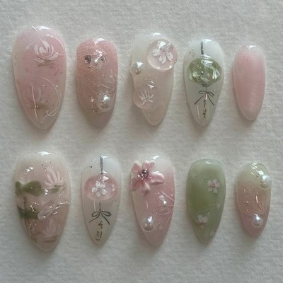 48Pcs Chinese Floral Press on Nails, Medium Almond Pink Green Elegant Fake Nails