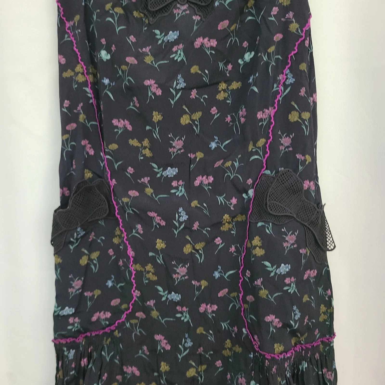 Abito romantico scuro Coach 1941 taglia 4 nero viola fiori selvatici bordo fiocco tasche