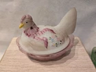 Fenton White Art Glass Rooster On Pink Nest Covered Dish Painted K Pickenpaugh