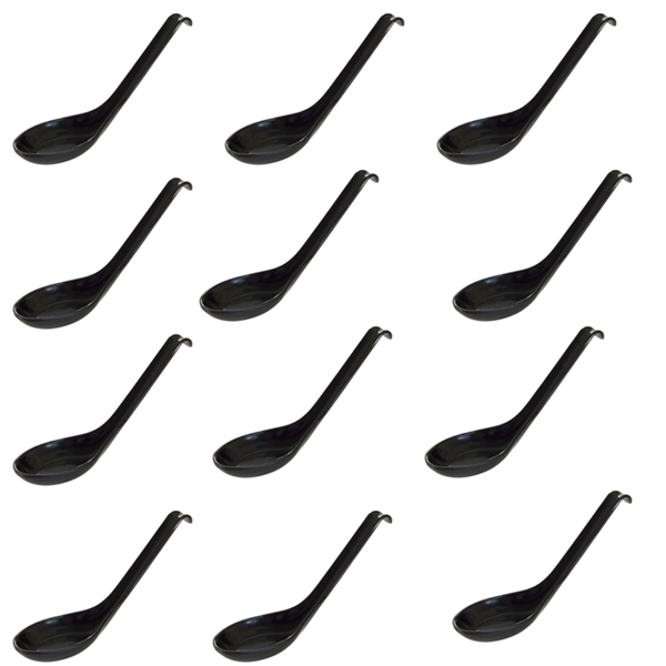 12x Classic Black Melamine Soup Spoons 150mm for Noodle Soup & Ramen