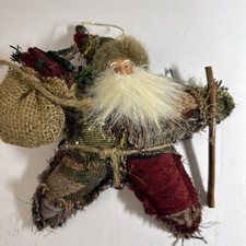 Vintage Plush Cloth Santa Claus Christmas Ornament Holding toy bag and stick