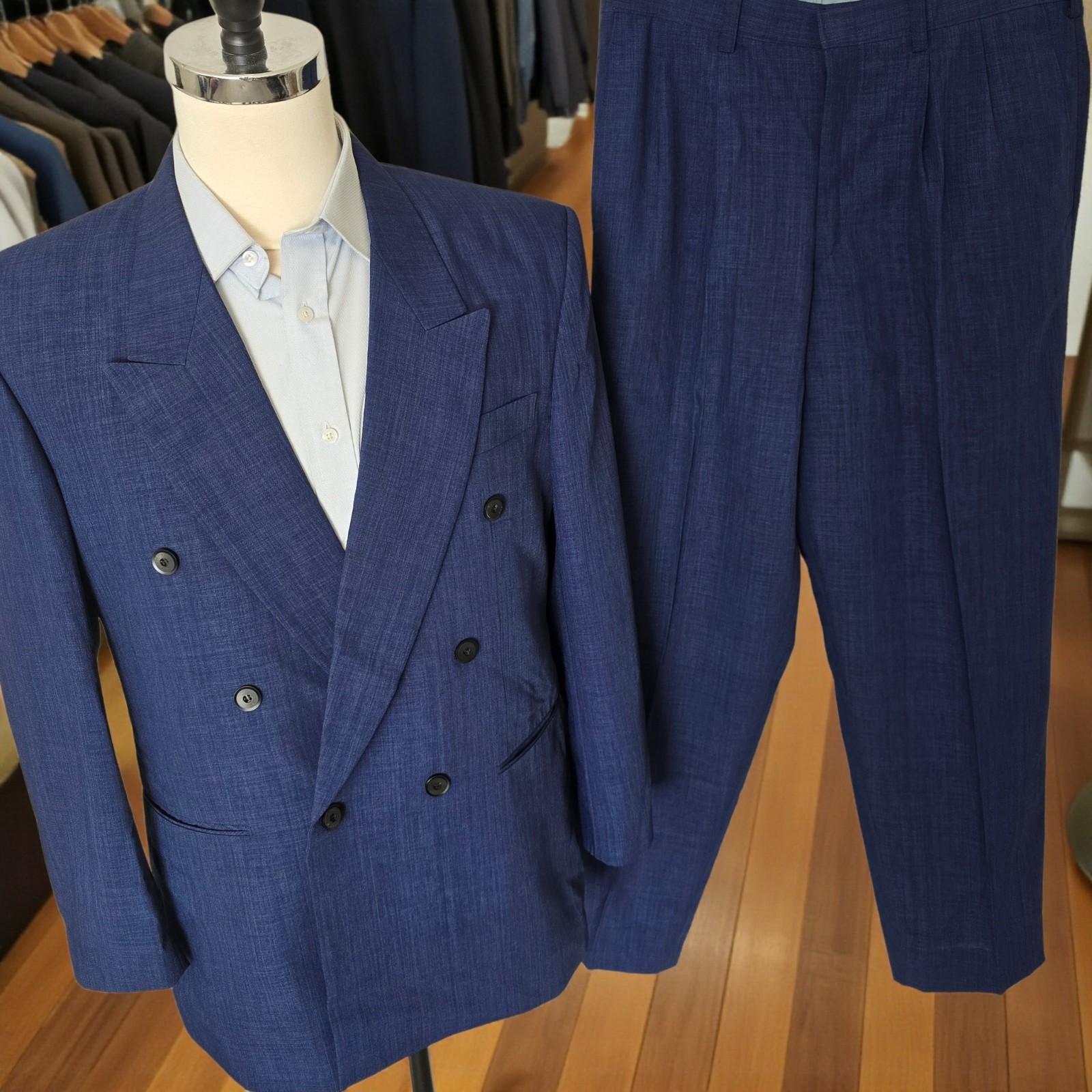 Bespoke Double Breasted Suit 42r 32x30 Peak Lapel Canvased Lightweight Blue