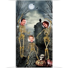 Halloween Skeleton Photo Backdrop, 70.9 X 35.4 Inch Face Cutouts