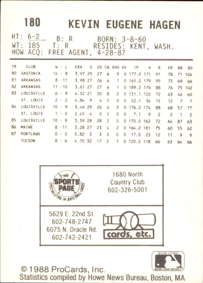 Kevin Hagen 1988 ProCards #180 RC Tucson Toros *AutographDen* - Image 2 of 2