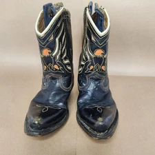 Vtg 1950s Acme Child Size 5 D Cowboy Boots Black W/ Orange Inlay Eagle Design 