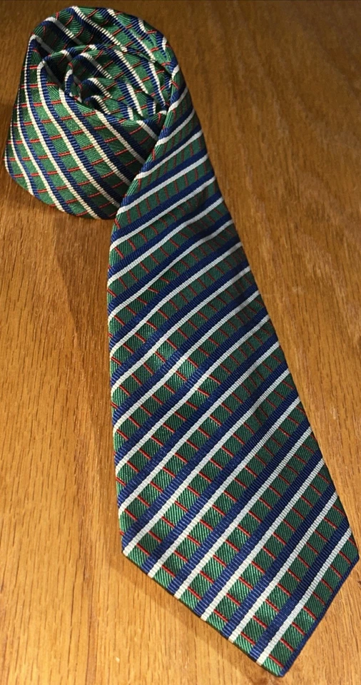 Corbata vintage Turnbull & Asser London para hombre verde seda con rayas azules blancas y rojas Foto 3 de 4