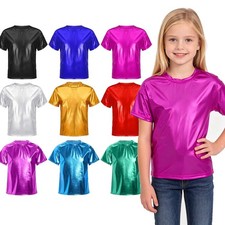 Kids Girls Metallic Short Sleeve Tops Jazz Hip hop Dance Performance Dancewear