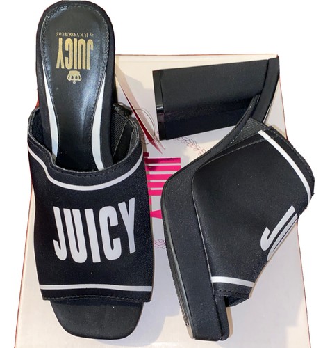 Juicy Couture Juicy Girly Womens Heeled Sandals Black White Logo Size 8 M - Picture 8 of 10