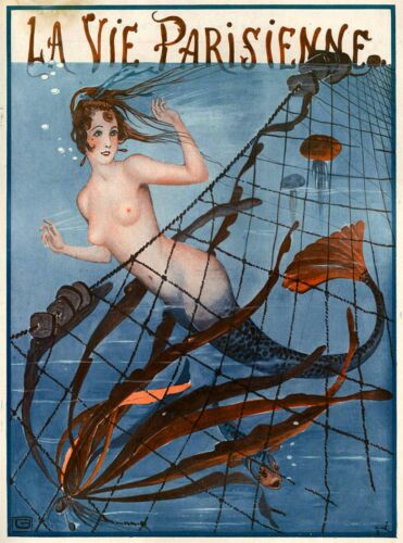1920's La Vie Parisienne Nouveau Mermaid Blue France Travel Advertisement Poster - Afbeelding 1 van 1