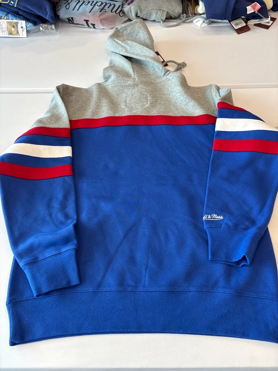 NUOVA NFL New England Patriots Mitchell Ness Head Coach felpa con cappuccio maglia blu L nuova con etichette