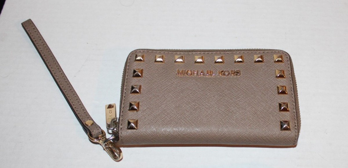 MICHAEL KORS Gold Tone Studded Khaki Saffiano Leather Phone Wallet Wristlet