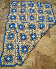Granny Squares NEW Handmade Crochet AFGHAN Blanket Throw 59x44" CROCHET Blue Tan