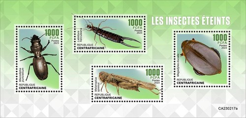 Central Africa - 2023 Extinct Insects, Beetle, Earwig - 4 Stamp Sheet -
