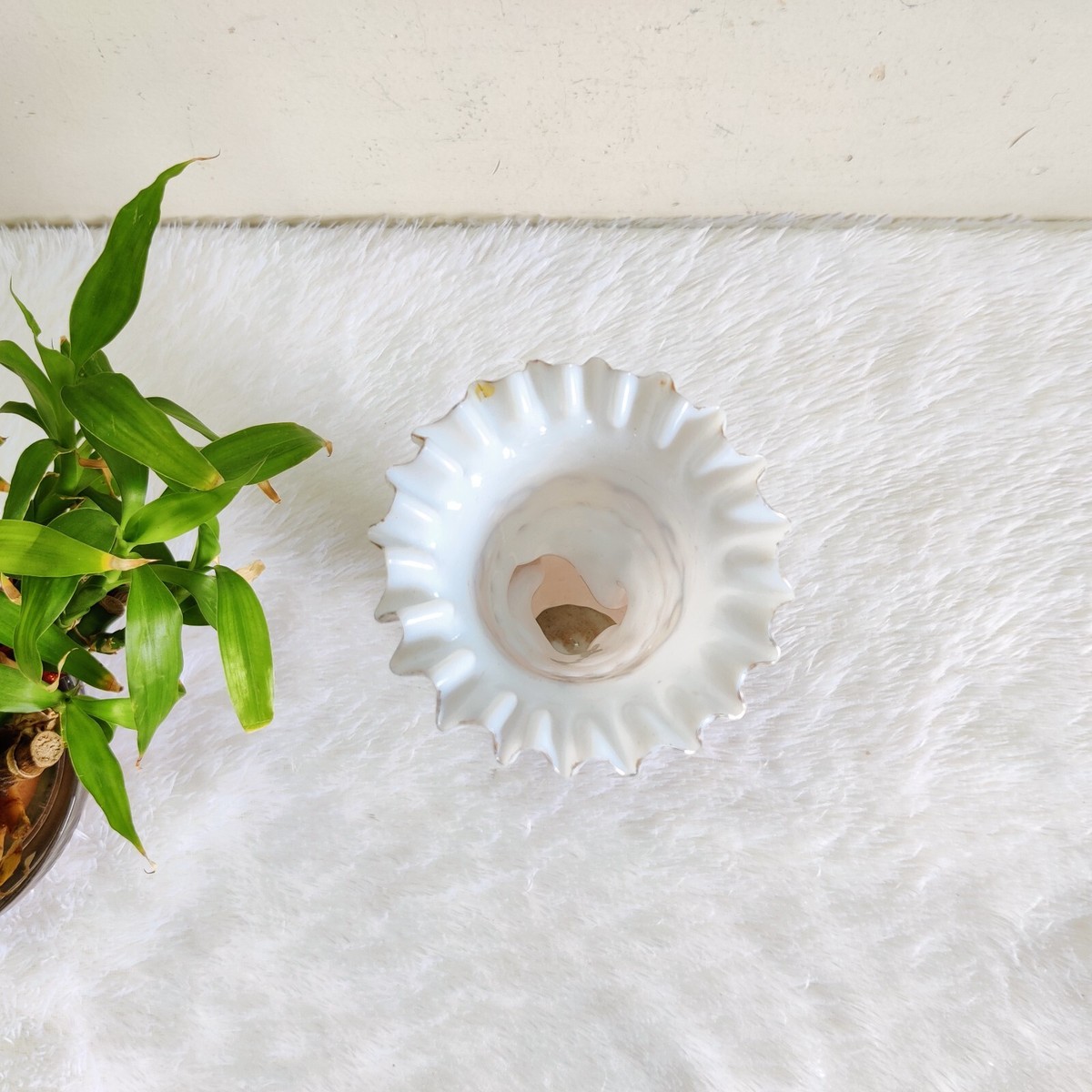 Vintage Hand Shape Enameled White Beige Glass Flower Vase Pontil