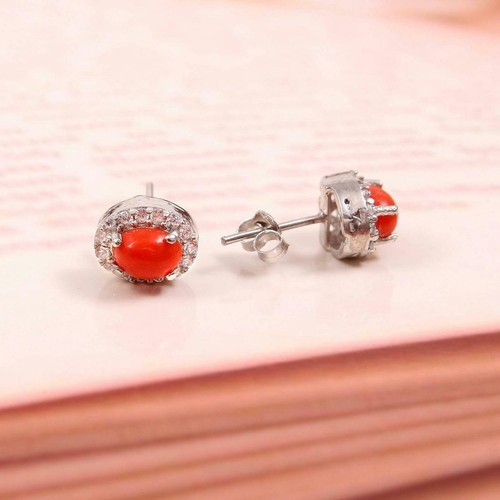 Boucles D'Oreilles En Argent 925 Avec Corail - Modèle Boucle - Occasion