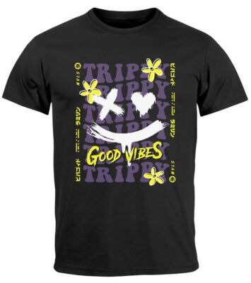 Herren T-Shirt Drip Face Print Smile Good Vibes Herz Blumen Collage Fashion