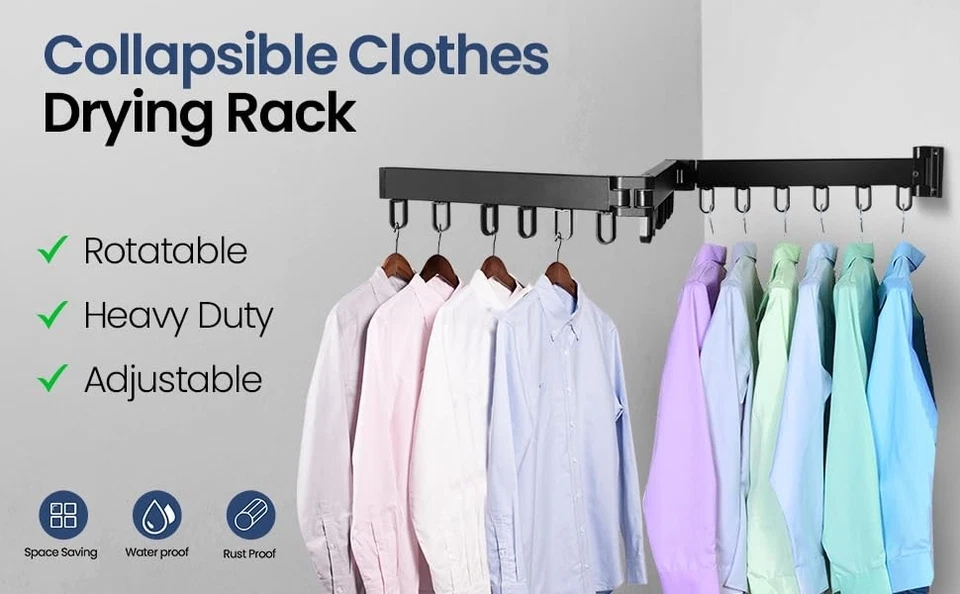 Estante de secado de ropa plegable montado en la pared - Ahorro de espacio Lavandería de alta resistencia H... Foto 2 de 4