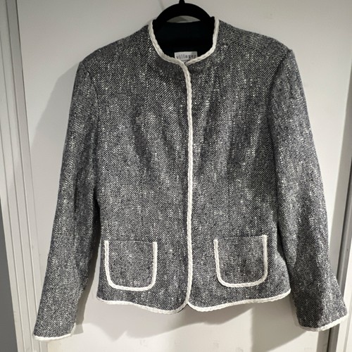 Villager Liz Claiborne Gray White Trim Lined Single-Breasted Blazer Jacket 12