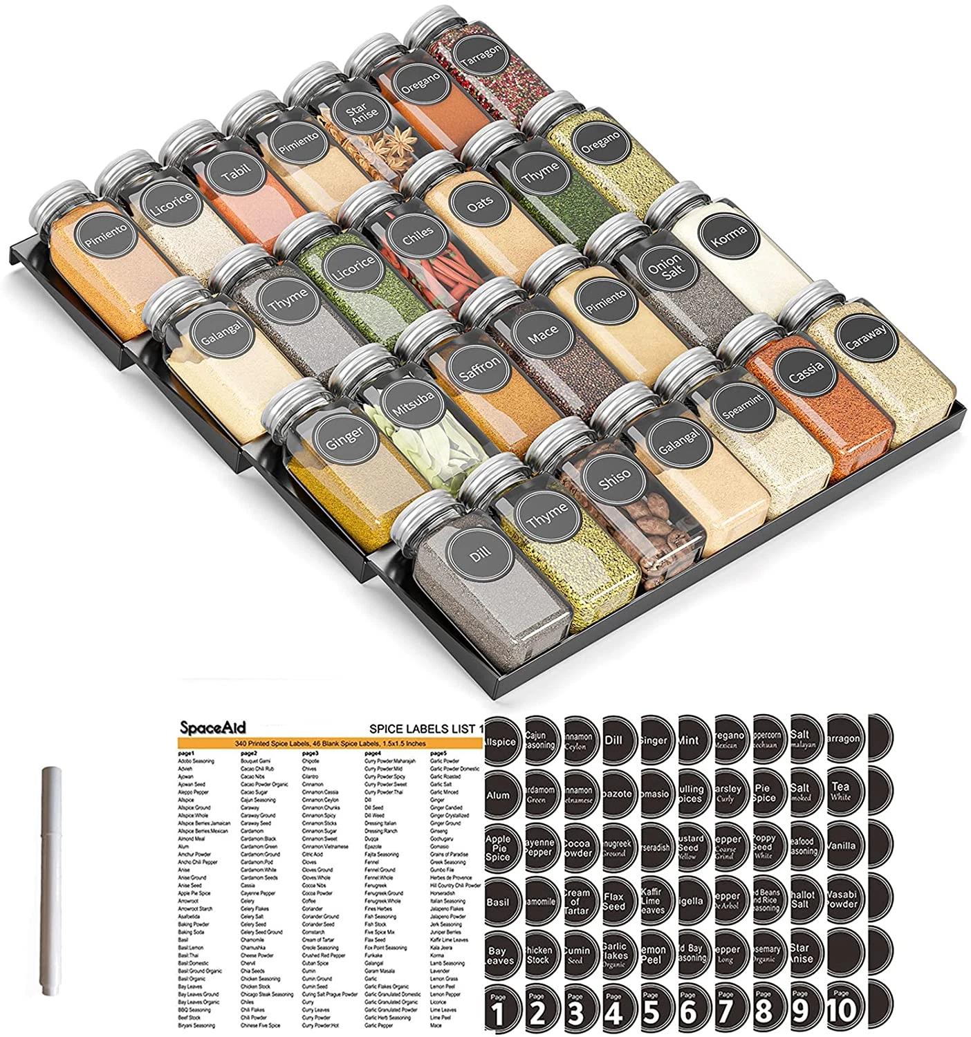 Spice Drawer Organizer w/ 28 Jars, 386 Labels, 4 Tier Rack Insert USA