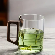 1pc 400ml Glass Mug with Walnut Handle Heat-Resistant Large Tea Coffee Cup - NEW