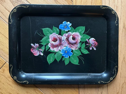 Vintage Nash Co. Hand Painted Floral Black Serving Tray Tole Signed 17.5x 13