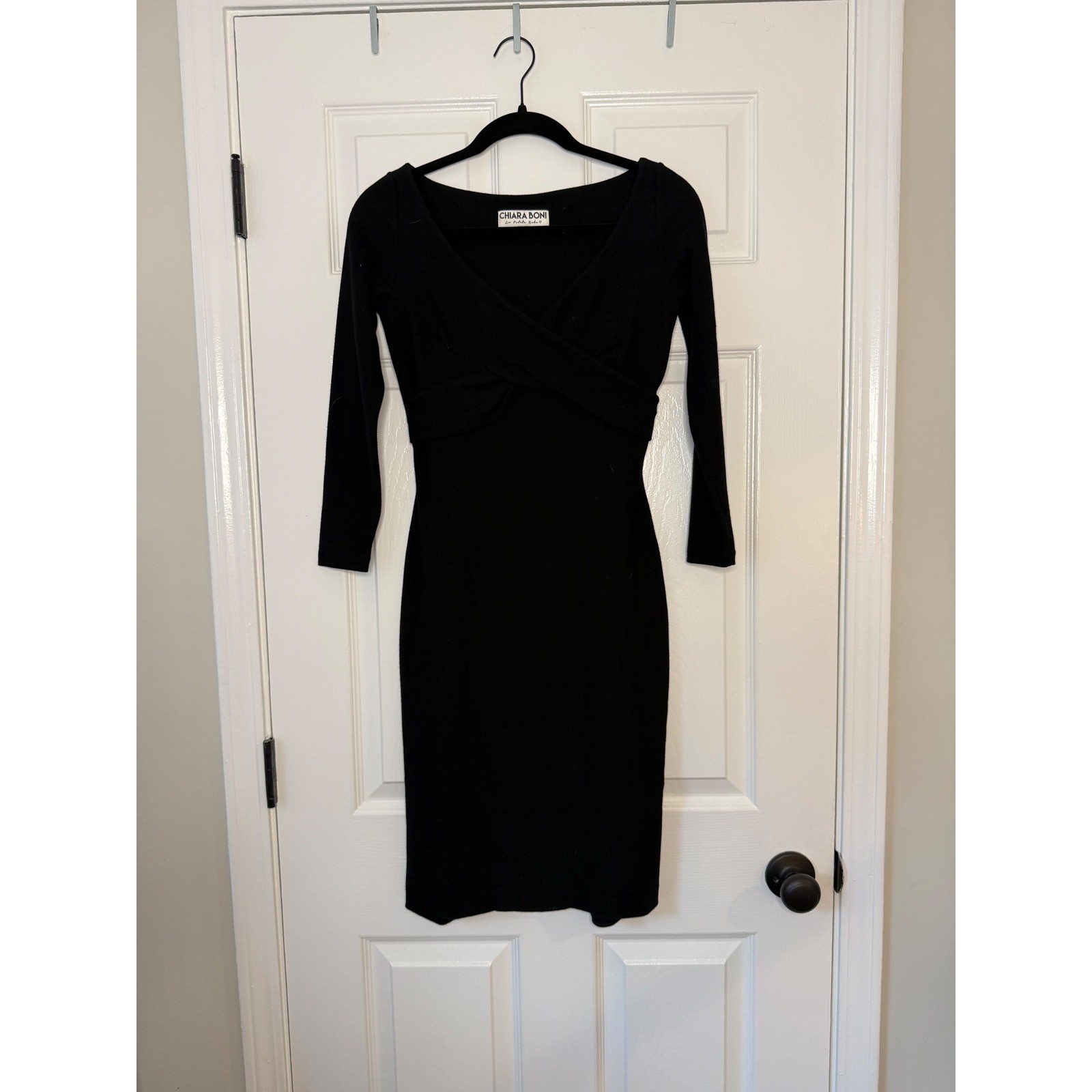 Chiara Boni La Petite Robe Black V Neck Wrap Sheath Dress Made Italy Size 40