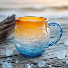Sea Glass Sunset Mug Set - 12 oz Handblown Ocean Wave Cups - Beach Drinkware