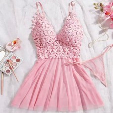 Pink Floral Lace Babydoll Lingerie Set Women s Sheer Chemise Thong S-XL