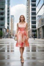 Ann Taylor Loft Coral Pink Peach Floral Sheath Pleated Dress - Size 4P