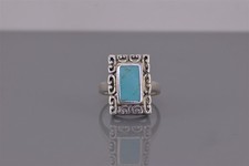 SX Sterling Silver Open Scrolled Framed Blue Turquoise Band Ring 925 Sz: 6
