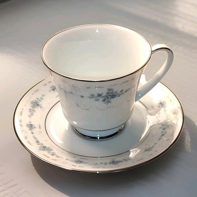 Noritake Frolic 2352 Footed China Coffee Tea Cup & Saucer Blue Flowers Vtg Japan