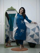 Women Cotton Embroidered Kurta Set with Dupatta Ethnic Kurti Pant Outfit