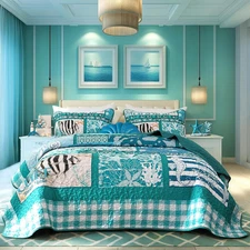 Coastal King Size Quilt Set 3 Piece,Summer Beach Bedspread Coverlet Lightweight