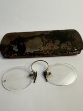 Antique Pince Nez Eyeglasses Brass Frame w/ Original Case Victorian Era As Is