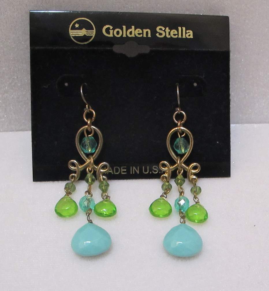 GOLDEN STELLA Gold Tone Aqua Blue Light Green Chandelier