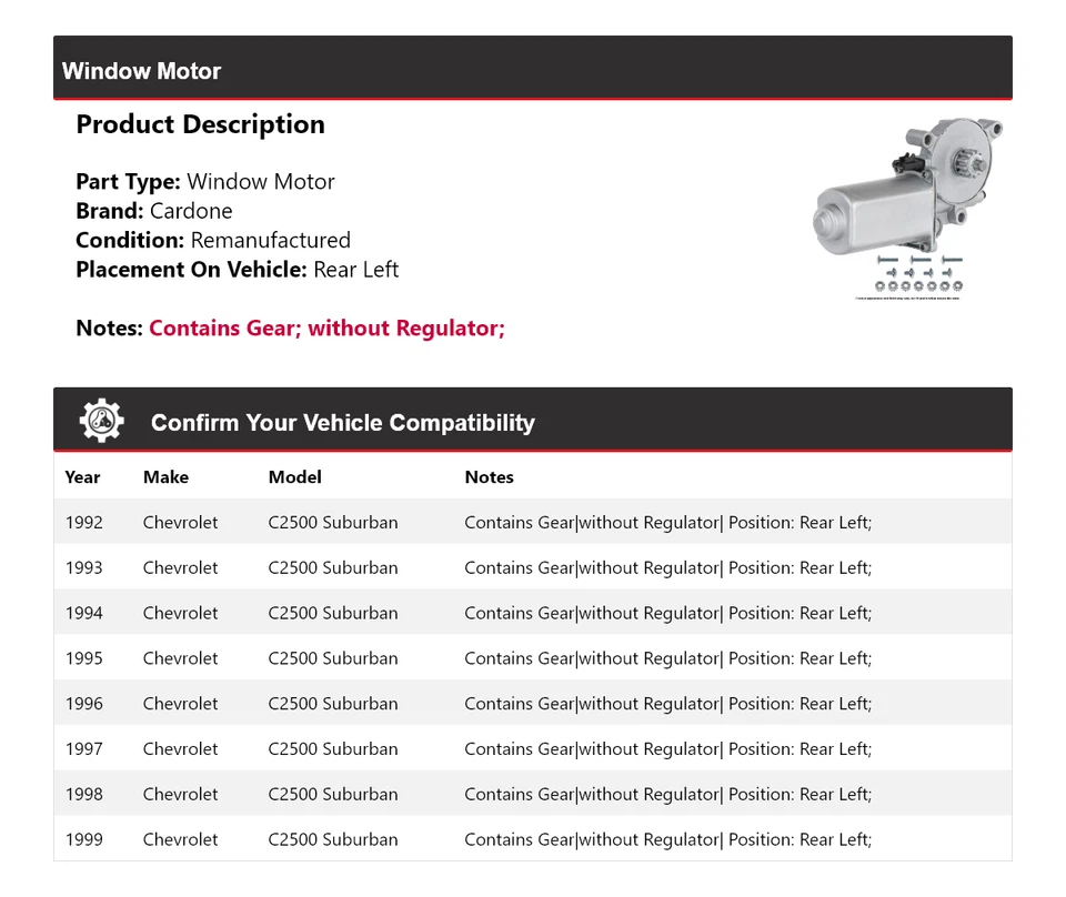 Para Chevrolet C2500 Suburban 1992-1999 Ventana Motor Trasero Izquierdo Cardone 1993 1994 Foto 2 de 4