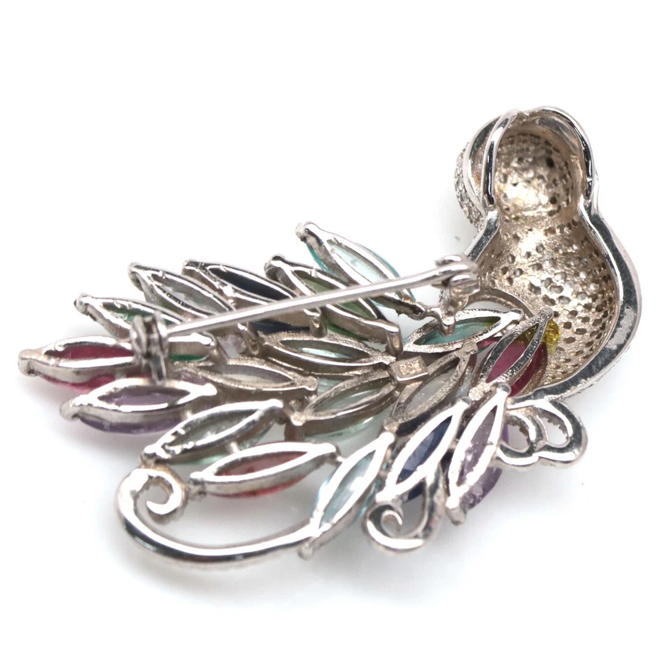  925银色白色月光石、红宝石、蓝宝石、碧玺和锆石胸针  — 第 3/4 张图片