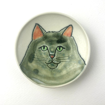 Tilla Rodemann Studio Pottery Dish Kitty Cat Plate Gray Tabby Artisan Handmade