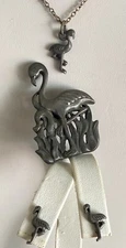 Vintage Torino Pewter Flamingo Jewelry Necklace Brooch Pierced Earrings Set