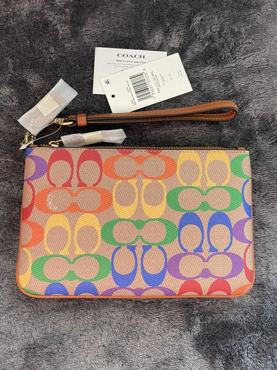 ❤️Coach Small Brass/Tan Natural Multi Wristlet In Rainbow