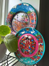 2 Vintage Mexican Pottery Plates, bright color glazed platter wall decor 9.5”-12