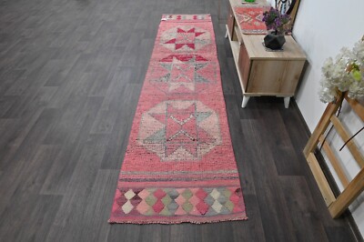 Vintage Turkish Runner Rug 2x10ft PINK Handmade Anatolian Oushak Hallway Wool
