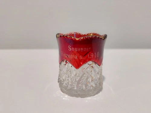 Vintage 1910 Ruby Red Flash Glass Souvenir Glass, Toothpick Holder Rietzema S