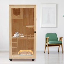 Wooden Large Indoor Cat Enclosure Catio Cage with Ramp and Covered Cat House Kit