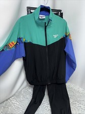 Vintage 90 Reebok Track Suit Windbreaker Jacket Blue Green Black Colorblock Medi